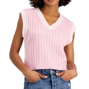 NWT Sugar Moon Pink Knit V Neck Vest White Trim Pullover Extra Small Stretchy
